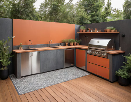 Interior of a modern kitchen with orange and black walls. 3d renderの素材