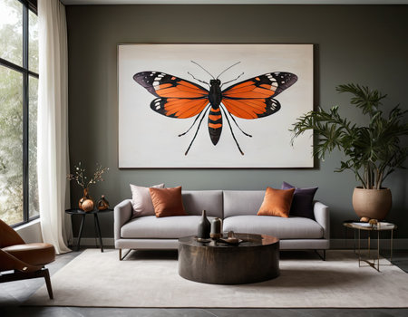 Modern living room interior with a sofa, coffee table and a painting on the wallの素材