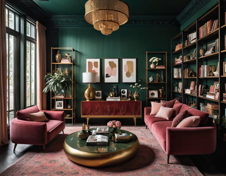 interior of luxury classic living room with green walls, classic sofa and armchairの素材
