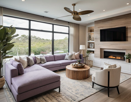 Interior of modern living room with sofa and fireplace. Nobody insideの素材