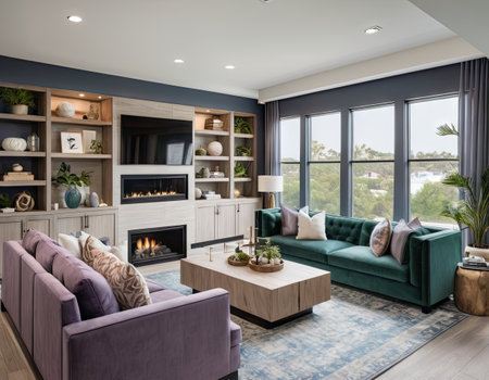 Living room with fireplace and living room in luxury house. Northwest, USAの素材