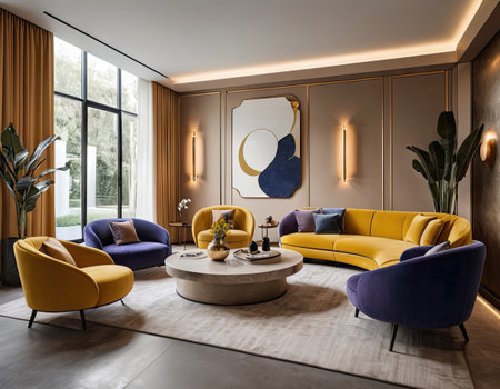 Luxury living room interior with yellow sofa and coffee table. 3d renderingの素材