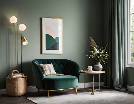 Green velvet armchair with pillows in living room interior. 3d renderの素材