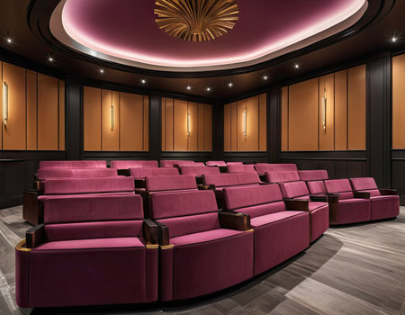 3d rendering of a cinema hall with red leather seats and lightingの素材
