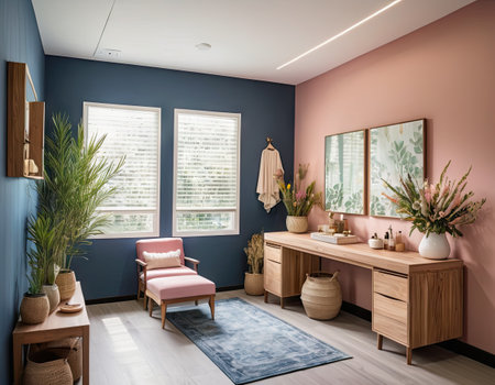 Interior of a modern bathroom in blue tones. 3d renderの素材