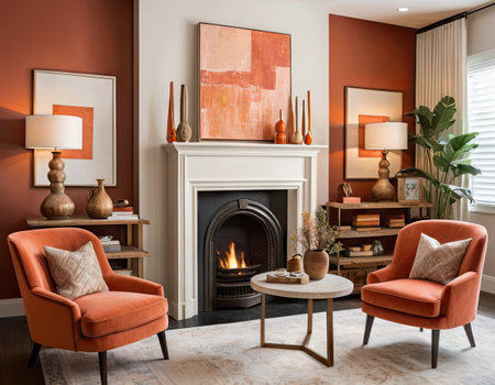 Living room interior with orange armchairs and fireplace. Northwest, USAの素材