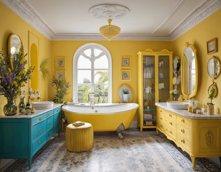 Luxury bathroom with yellow walls and floor. 3d renderingの素材