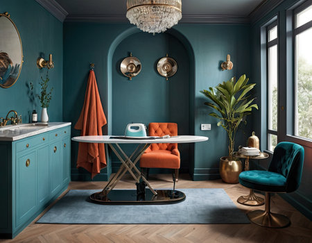 Interior of luxury bathroom with blue walls, wooden floor, blue sofa and armchair near round coffee table. 3d renderingの素材
