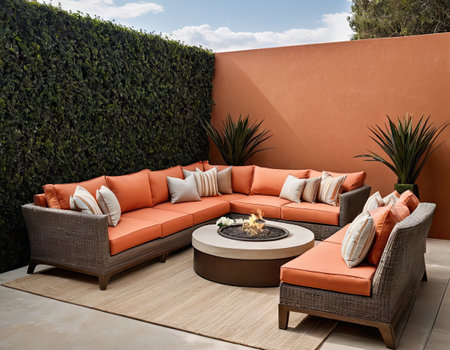 Outdoor terrace with orange sofa and cushions. 3d renderingの素材