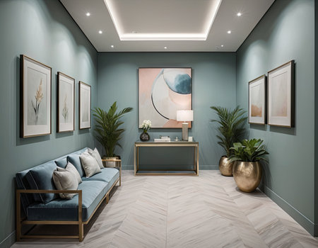 interior of modern living room with blue walls, 3d renderの素材
