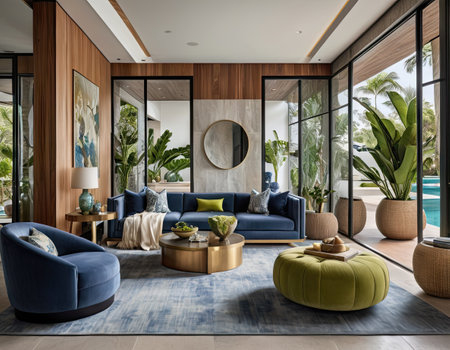 Interior of modern living room with blue sofa and wooden coffee tableの素材
