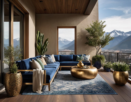 3d render of modern living room with mountain view and blue sofaの素材