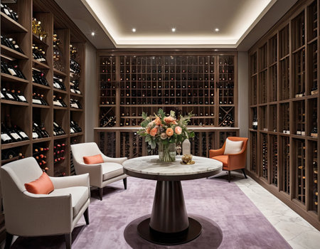 Wine cellar interior. 3d render of wine cellar with bottlesの素材