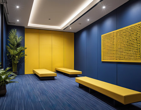 3d render of a waiting room with yellow and blue wall.の素材