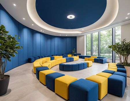 Interior of a modern office waiting room with blue and yellow armchairsの素材