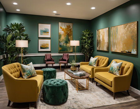 Interior of a modern living room with yellow and green armchairsの素材