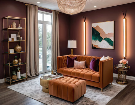 Interior of a modern living room with brown leather sofa and gold decorationの素材