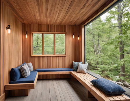 interior of a wooden house with a view of the forest. 3d renderingの素材