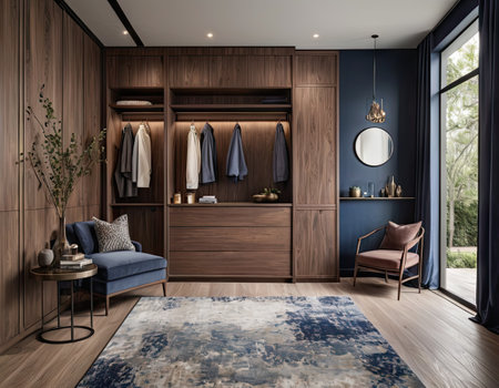 Interior of modern living room with wooden wardrobe. 3d renderの素材