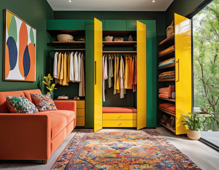 Interior of modern living room with orange and yellow wardrobe and orange sofaの素材