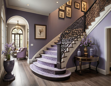 Luxury interior of a living room with a marble staircase. 3d renderの素材