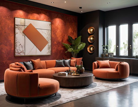 Interior of luxury living room with orange sofa and coffee table. 3d renderの素材