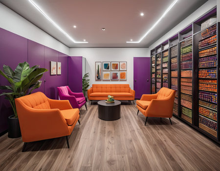 Interior of modern living room with orange armchairs and bookshelfの素材