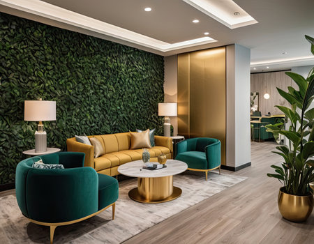 Luxury living room interior design with green sofa and coffee tableの素材
