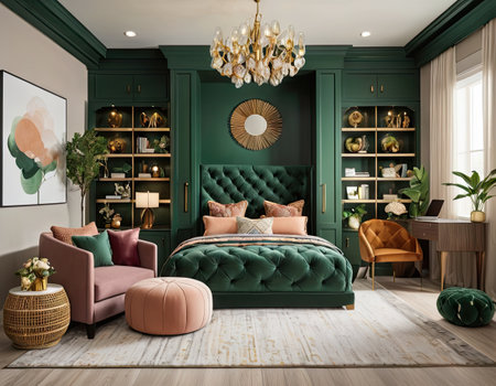 Classic green bedroom interior. 3D render. 3D illustration.の素材