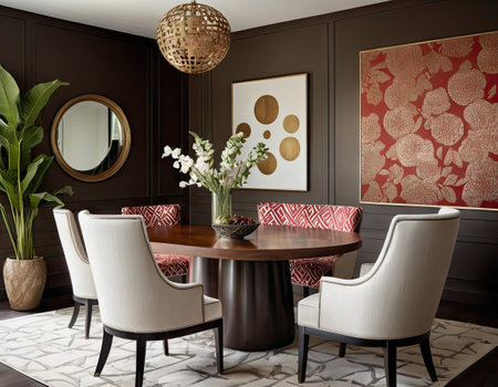 Interior of modern dining room with brown walls, carpeted floor, round wooden table and chairs. 3d renderの素材