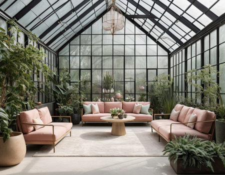 Interior of a modern greenhouse with pink sofas and plantsの素材