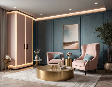 Interior of modern living room with blue walls, wooden floor, comfortable pink armchairs and round coffee table with gold tray. 3d renderingの素材