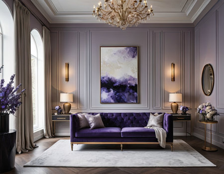 Luxury living room interior with a purple sofa, a coffee table and a chandelier. 3d render.の素材