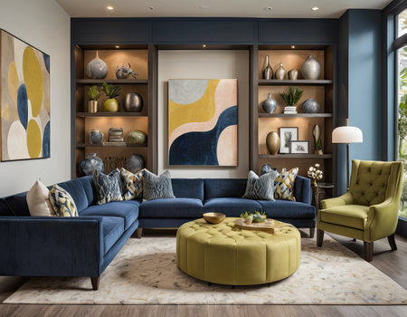 Living room interior design with blue sofa, armchairs, coffee table and bookshelf. 3d renderの素材
