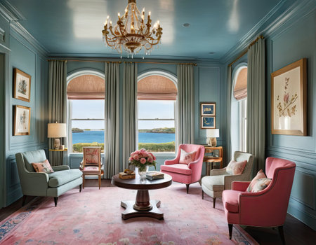 Luxury living room with a sea view. 3d renderの素材