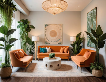 Interior of a living room with orange sofa and round coffee tableの素材