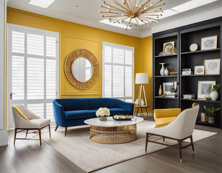 Luxury living room with yellow walls, wooden floor, yellow sofa and coffee table. 3d renderingの素材
