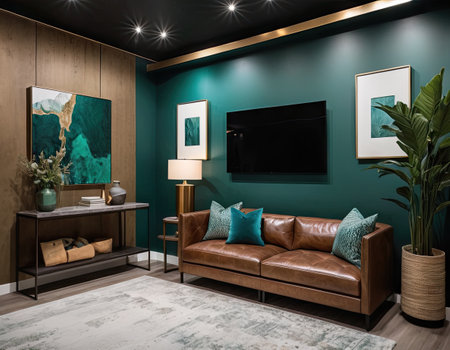 Interior of modern living room with green walls, wooden floor and brown leather sofaの素材