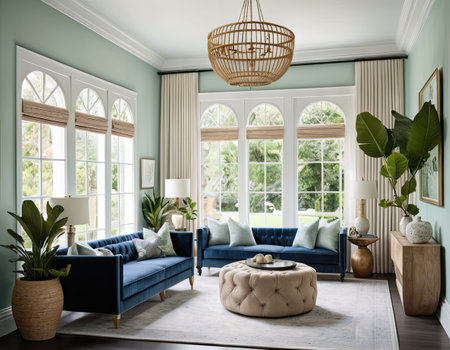 Luxury living room interior design with blue sofa, round coffee table and plant in pot. 3d renderの素材