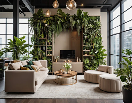 Interior of luxury living room with sofa, TV and plants. 3d renderの素材