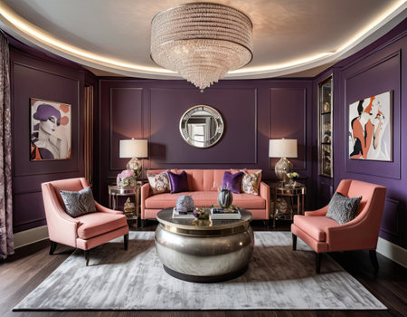 Luxury living room with purple walls, sofa and coffee tableの素材