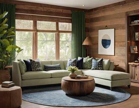 Interior of modern living room with green sofa, coffee table and plantsの素材