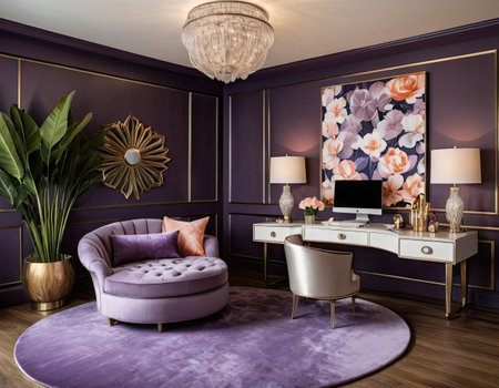 Luxury living room with purple walls, purple sofa and wooden floor. 3d rendering.の素材