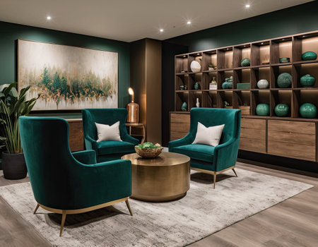 interior of modern living room with green armchairs and coffee tableの素材