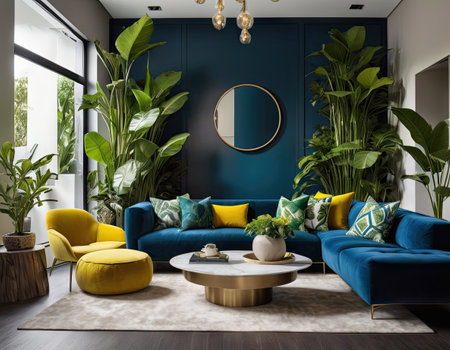 Interior of modern living room with blue walls, wooden floor, comfortable blue sofa and round mirror. 3d renderingの素材