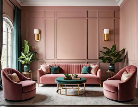 Luxury living room interior with pink walls, carpeted floor, pink sofa and coffee table. 3d renderの素材