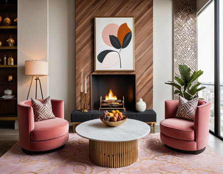 Interior of modern living room with fireplace and pink armchairs. 3d renderの素材