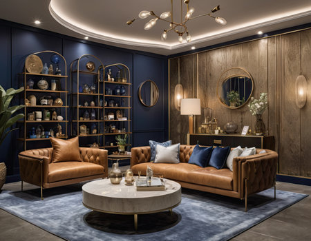 Luxury living room interior design with brown leather sofa, coffee table and mirrorの素材