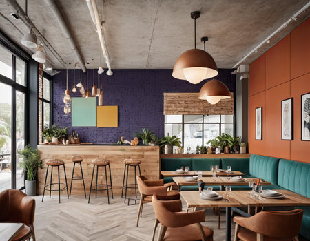 Interior of modern cafe with orange and blue walls, wooden floor and rows of tables with chairs. 3d renderingの素材