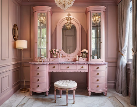 Luxury pink classic bathroom with marble floor and pink walls.の素材
